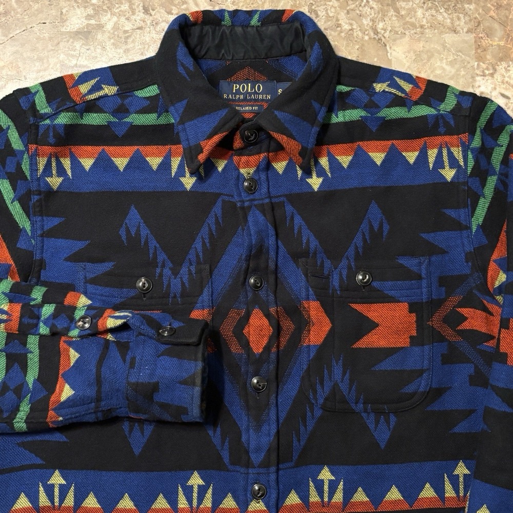 Polo Ralph Lauren Shirt Mens Small Blue Aztec Serape Blanket Long Sleeve